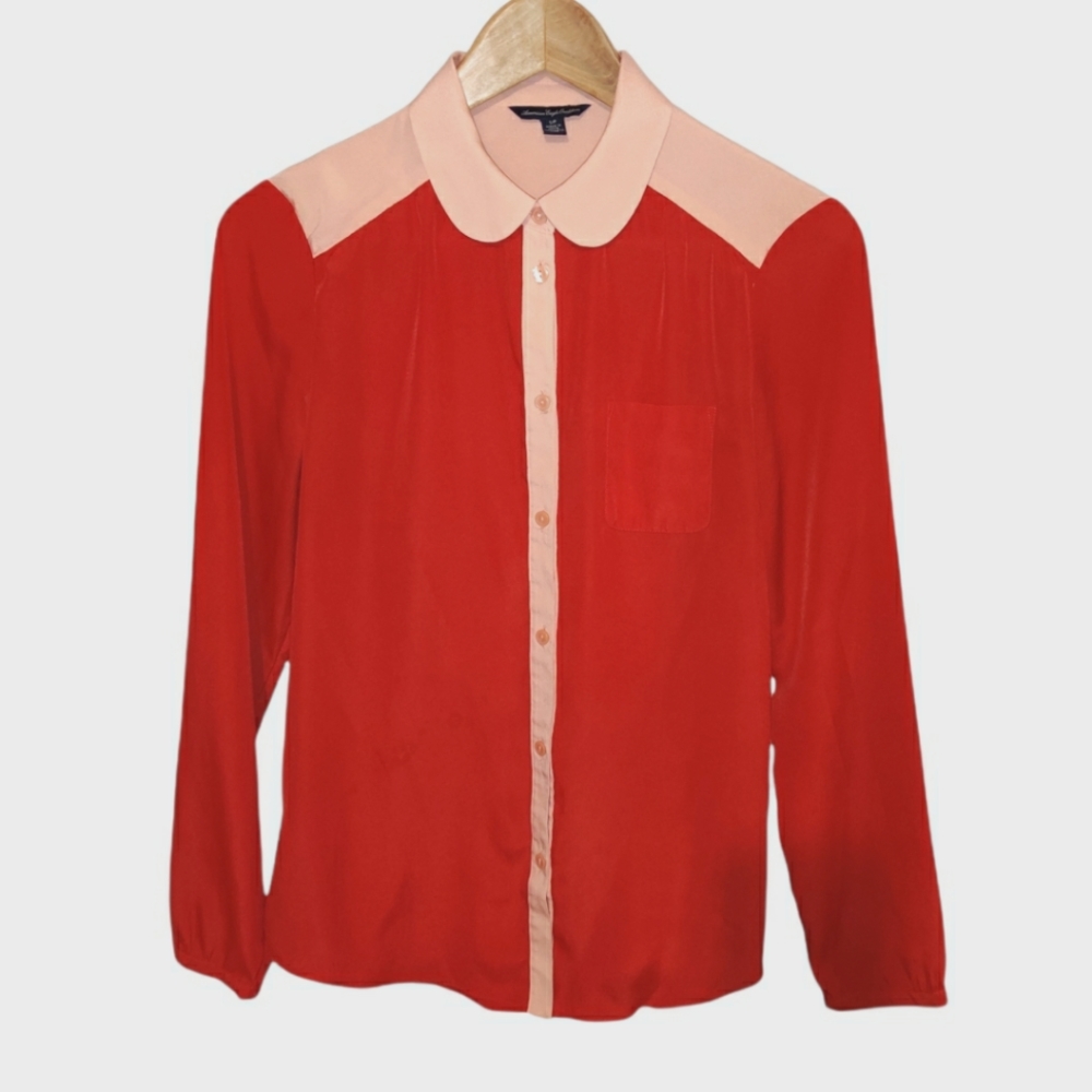 Two Tone Colorblock Collared Button Up Top - Picture 7 of 7